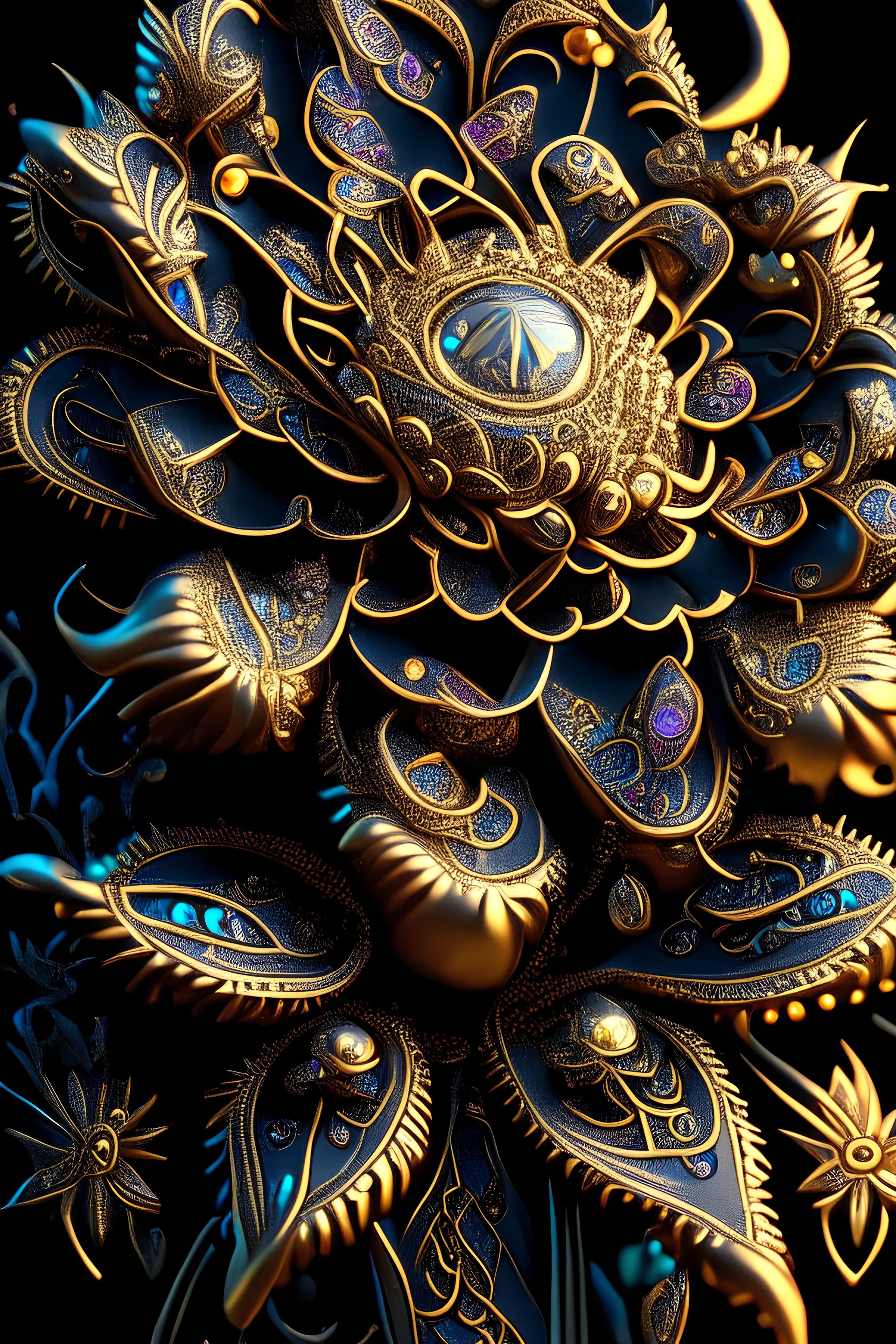 ultra detailed and intricate 3d rendering of a hyperrealistic “cyberpunk flower”: close up, symmetric, shinning gold, victorian ornament, baroque antique, tribalism, ancient , shamanism, cosmic fractals, dystopian, dendritic, stylized fantasy art by Kris Kuksi, Albrecht Durer, Kazuhiko Nakamura, artstation: award-winning: professional photography: atmospheric: commanding: fantastical: clarity: 16k: ultra quality: striking: brilliance: stunning colors: amazing depth: masterfully crafted.