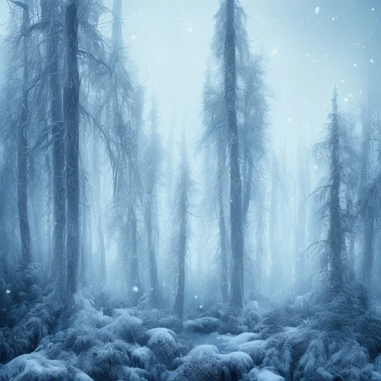 lost in the woods, winter landscape, ice field, crystals, surreal, dreamlike, foggy