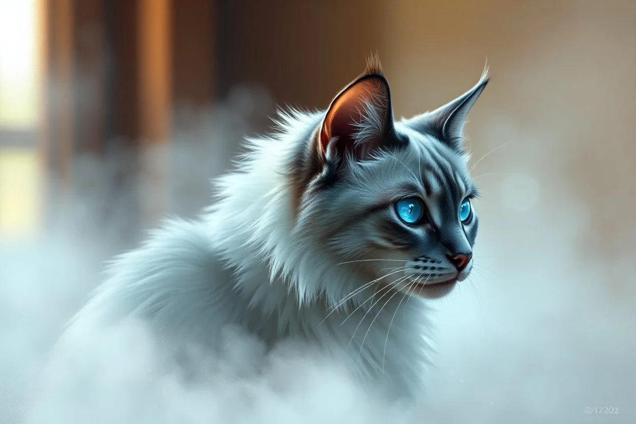 create a mystical Siamese cat with silvery blue and white fur, glowing blue eyes, sitting in soft fog, backlit with subtle moody light, painterly texture and dreamlike atmosphere, calm yet powerful presence --ar 3:2 --v 7 --style raw