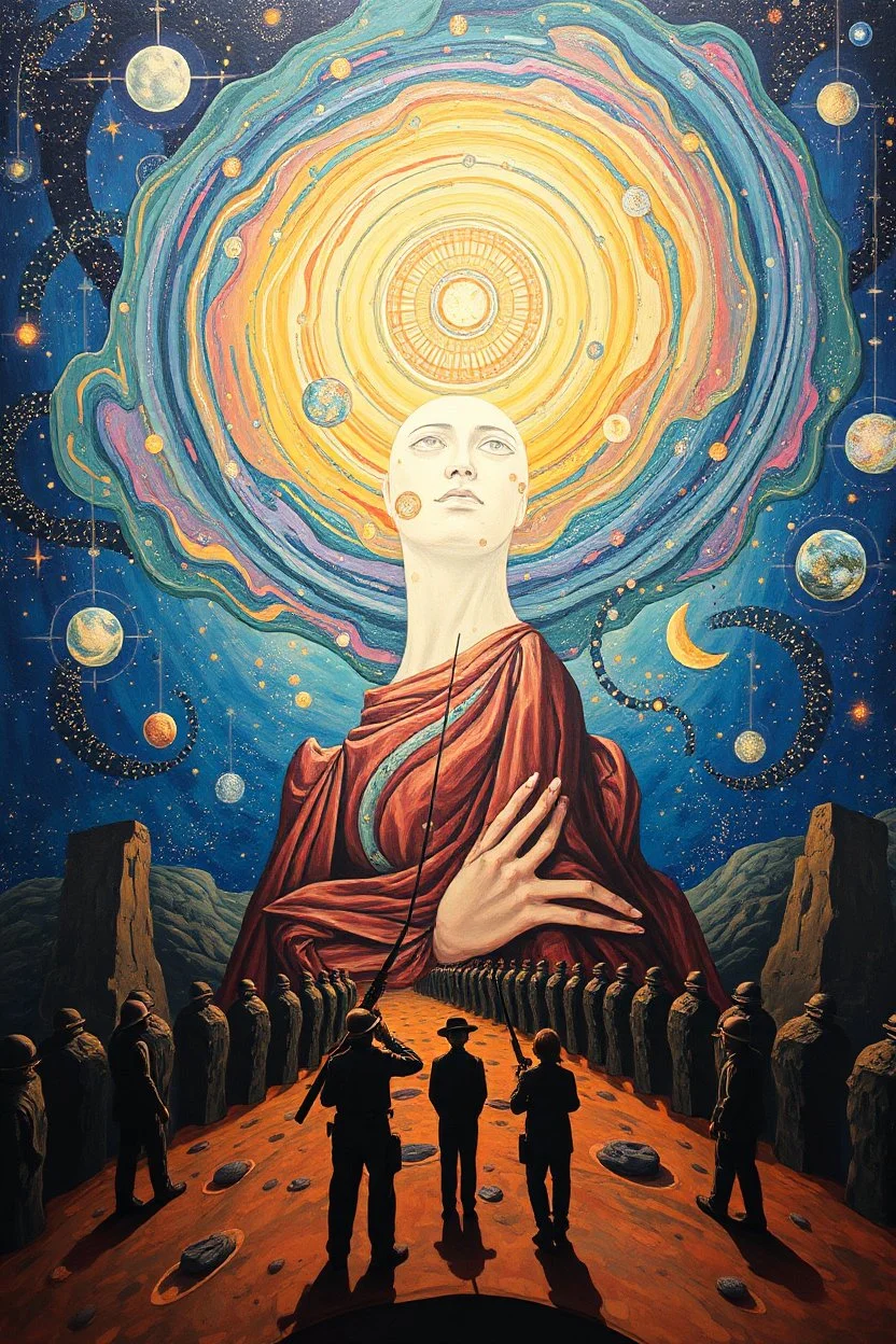 war on consciousness; Post-Modern Celestial Pop Art with surreal elements; Gustav Klimt inspired painting.