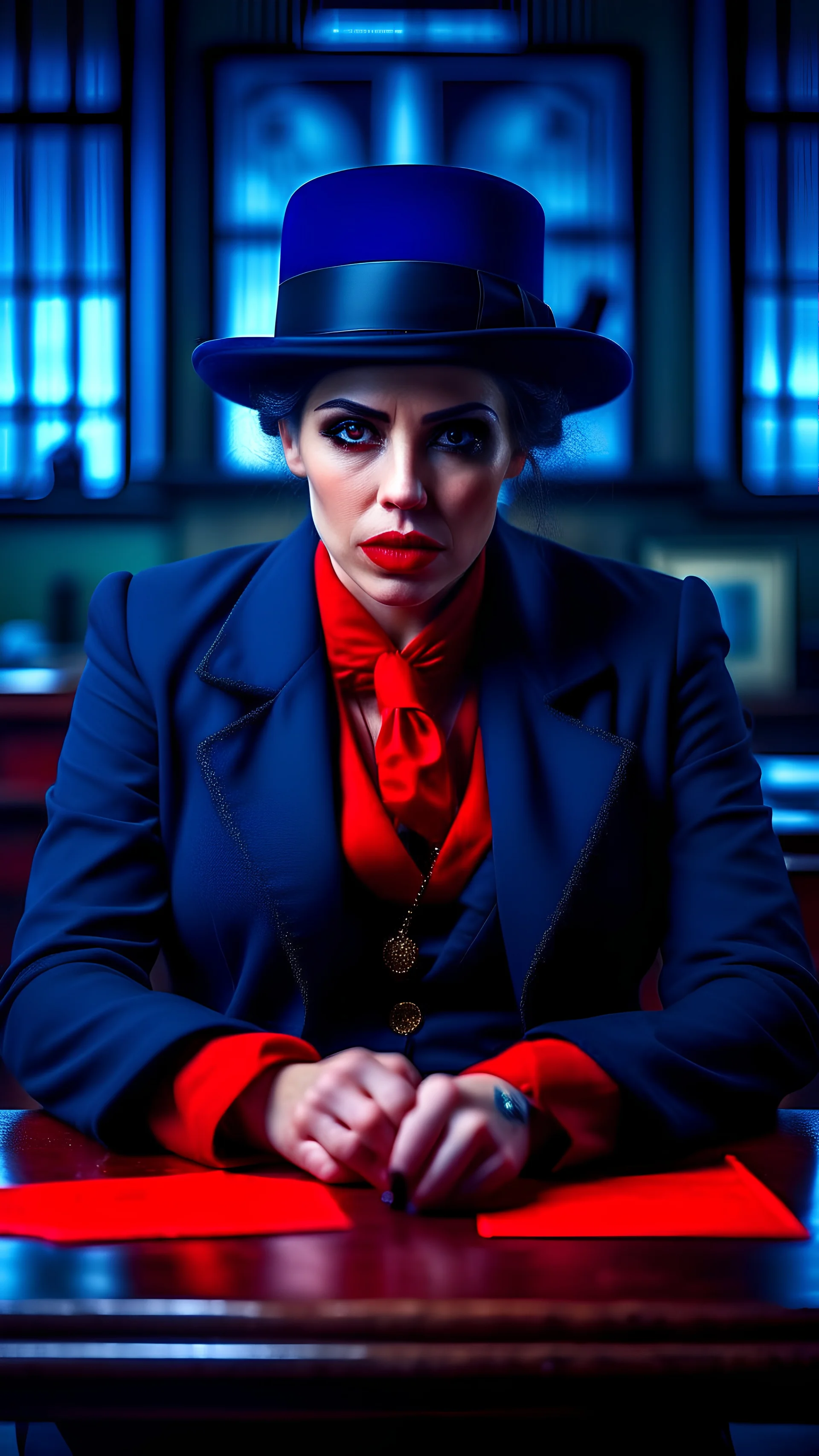 Gang leader, woman, London 1814 year, overcast, sitting at the table in her office, athletic physique, neckline, tattoos on torso, ((black-red vintage clothing:1.5)), matte top hat, black coat, sly look, roughened appearance, cinematic, cannon 6d, octane render, vintage aesthetic, mysterious aura, dark atmosphere, detailed face, mysterious aura, bright skin, short black hair, detailed intense blue eyes, arched eyebrows, dark makeup, full lips, dark red lipstick