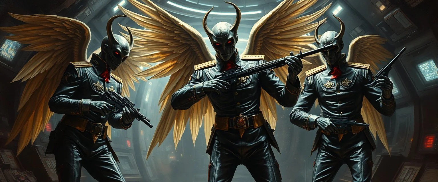 master oil painting by Rembrandt, angel Nephilim alien Elvis fascist trauma watchers glistening uniform with insignia, dancing weapon dance in messed up space ship, in the style of Giger