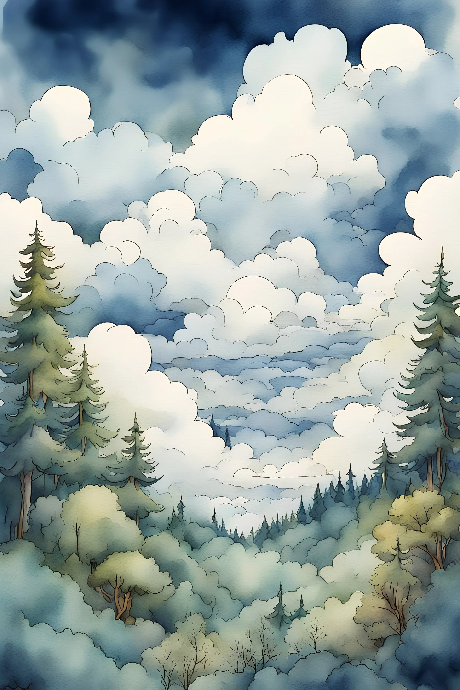 a partly cloudy sky including a mixture of cloud types including stratus above forest fantasy style, watercolour, lineart