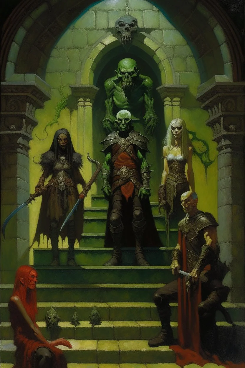 1970's dark fantasy cover dnd style oil painting of group of heros, an elf, a halfling, an gigant ogre, a human and an herbalist in a hunted mansion in complete horror with minimalist far perspective. Magazine.