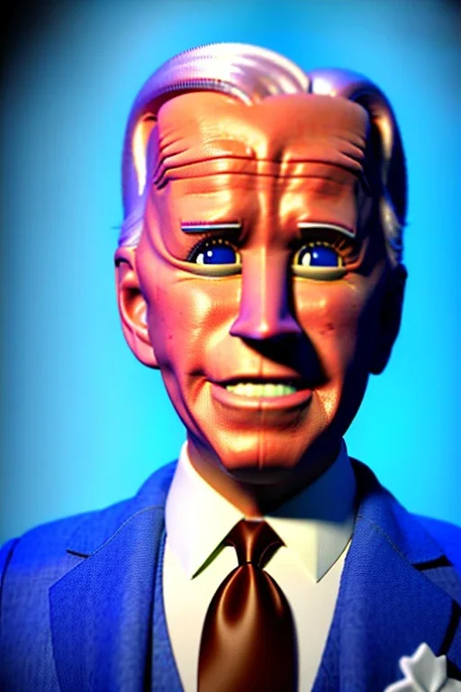 Waist up Portrait, joe Biden as muppet doll, Blue suit retro style, photo studio, blue background, unreal engine 5, concept art, art station, god lights, ray tracing, RTX, lumen lighting, ultra detail, volumetric lighting, 3d.