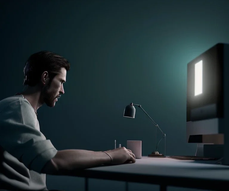 man coding in his computer in a dark room with walls, sky stars