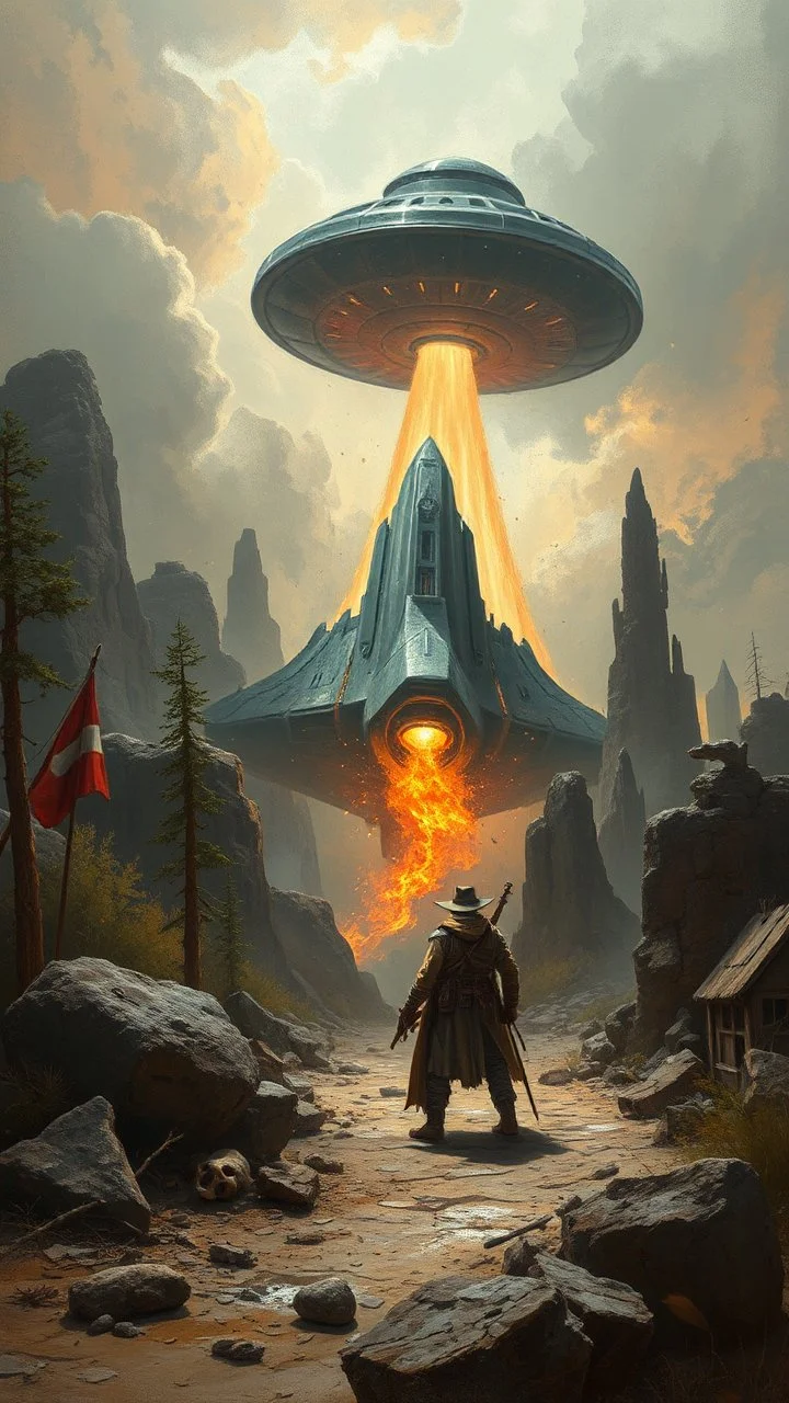 bandit's loot, post-apocalyptic, concept art Bosch painting style with ufo starship crashing