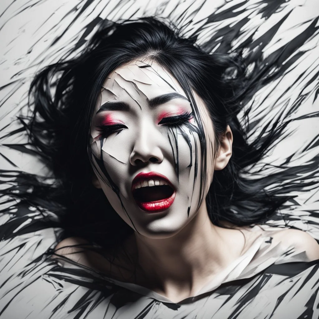 paper portrait of Goth Asian woman, lying pose, face distorted with pain, reverse colors, screaming, tears streaming from eyes, glitchcore, horror, ultra realist texture,