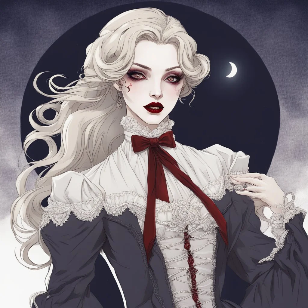 A mysterious and alluring vampire with pale skin, blood-red lips, sharp fangs, dressed in elegant Victorian attire, standing in front of a full moon backdrop.