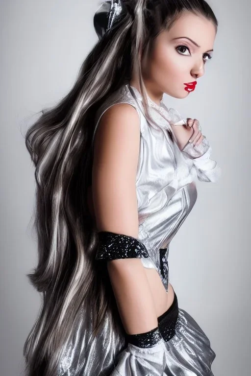 Beautiful perfect perfectly centered photorealistic lady long hair, shiny metallic silver hair, multi-hued French maid outfit full-body portrait by Reisha Perlmutter, Rudy Nappi, medium shot