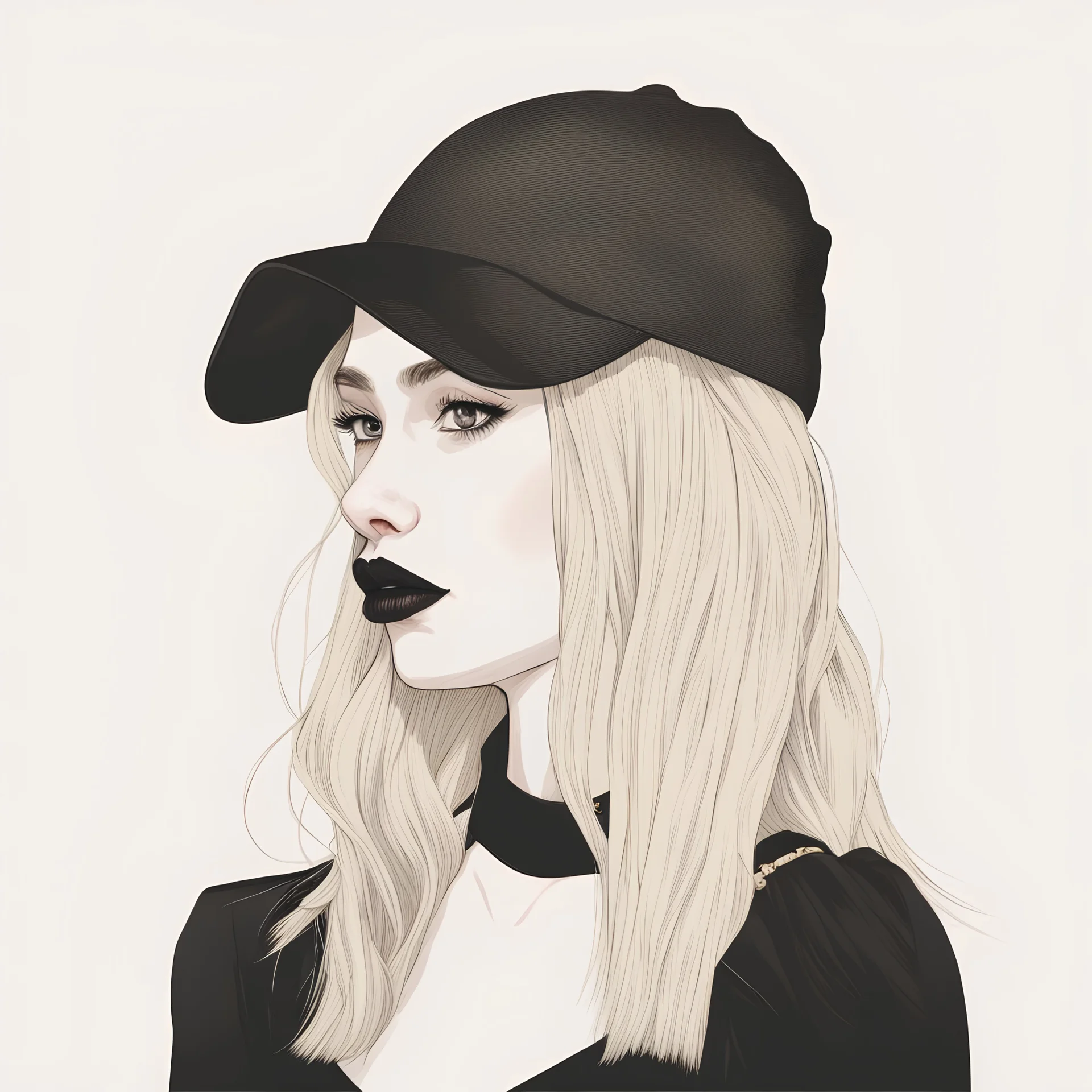 profile portrait of a girl, golden hair, black lips, in the scandinavian hat, wearing black tiny dress