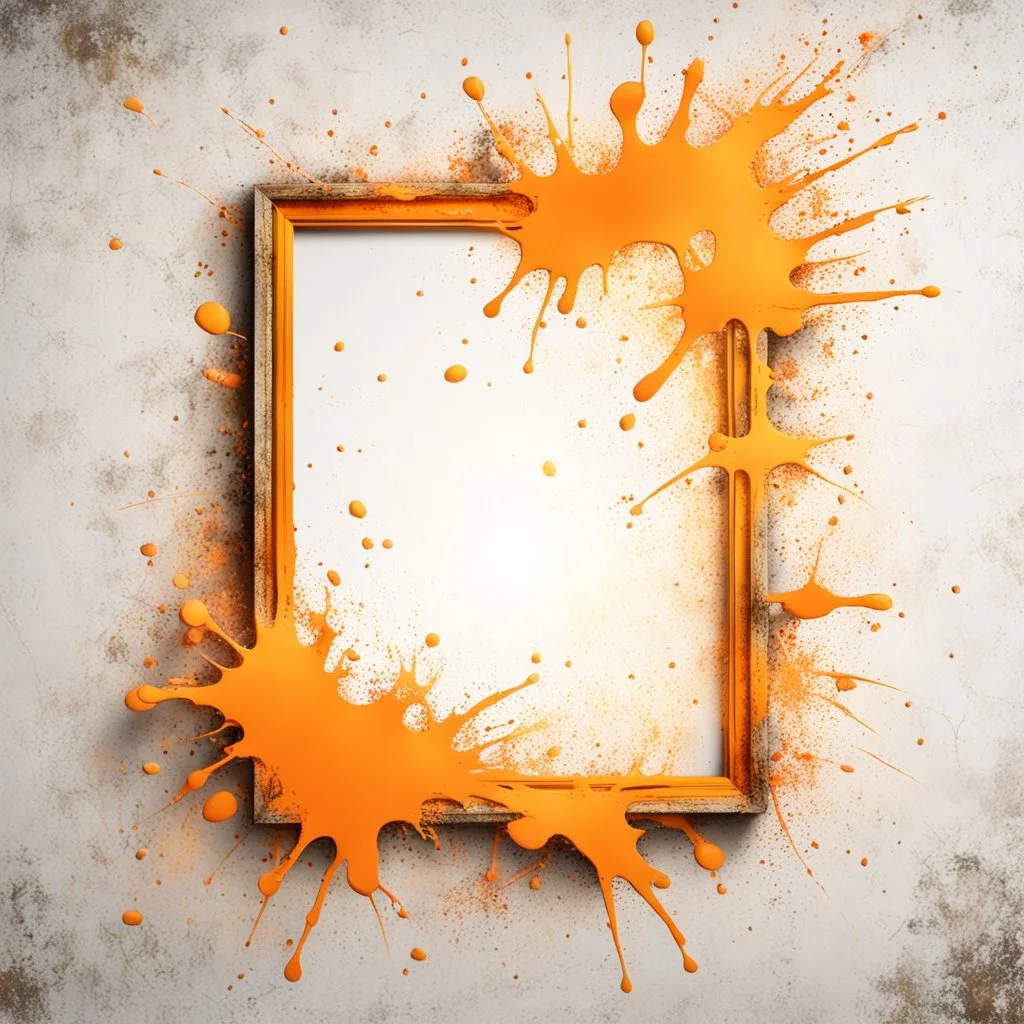 Hyper Realistic Light-Orange Grungy-Splatter-Frame With Glowing-Golden Embers on Grungy Retro-Jet-White-Wall-Background.