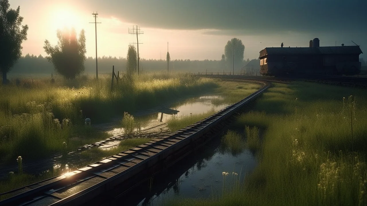 Terrifying train station. Overwhelming wetland at dawn. Strange path in a pond