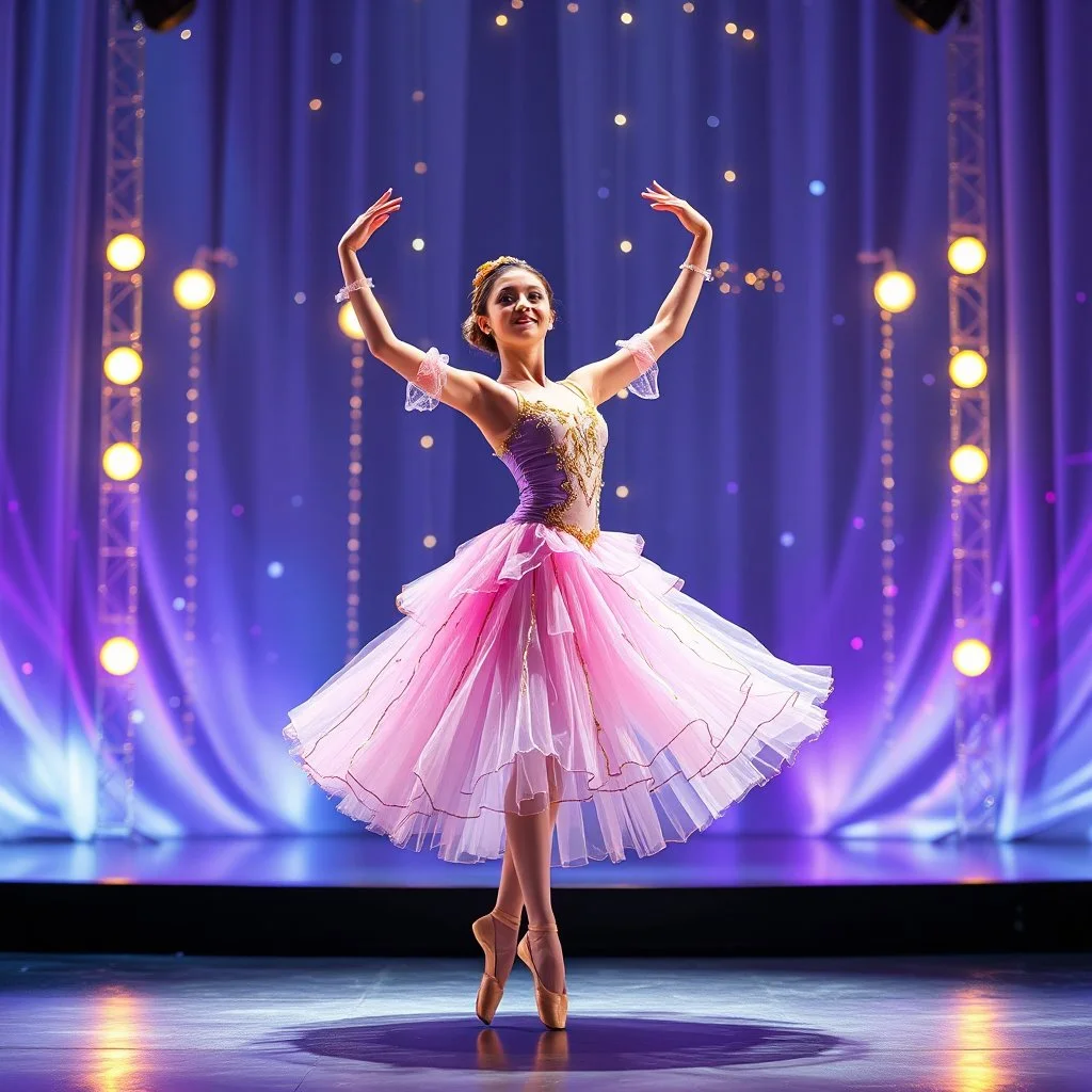 create of a beautiful balerina in pretty clothing in a modern cifi stage in her performance cinamatic lights .
