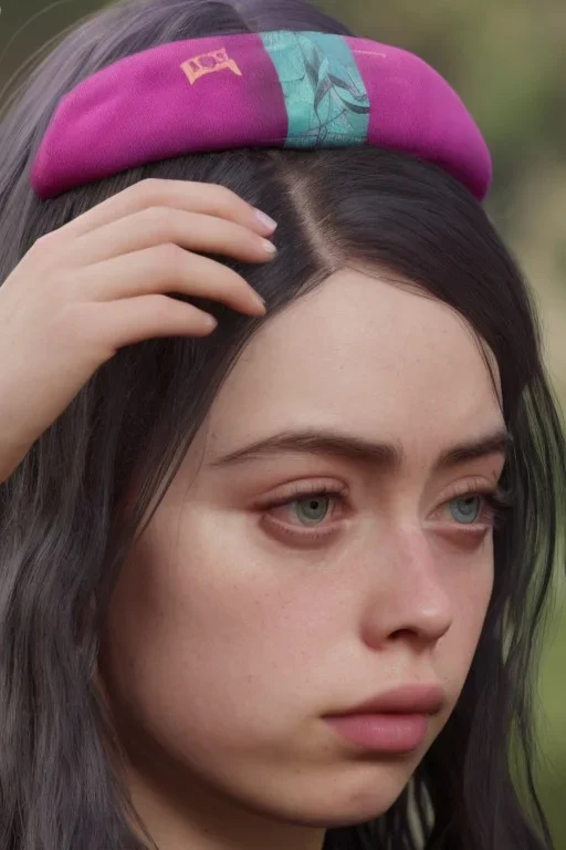 Billie Eilish, in a swimsuit, high detail, realistic, 8k, not to be distinguished from a photo, identical pupils