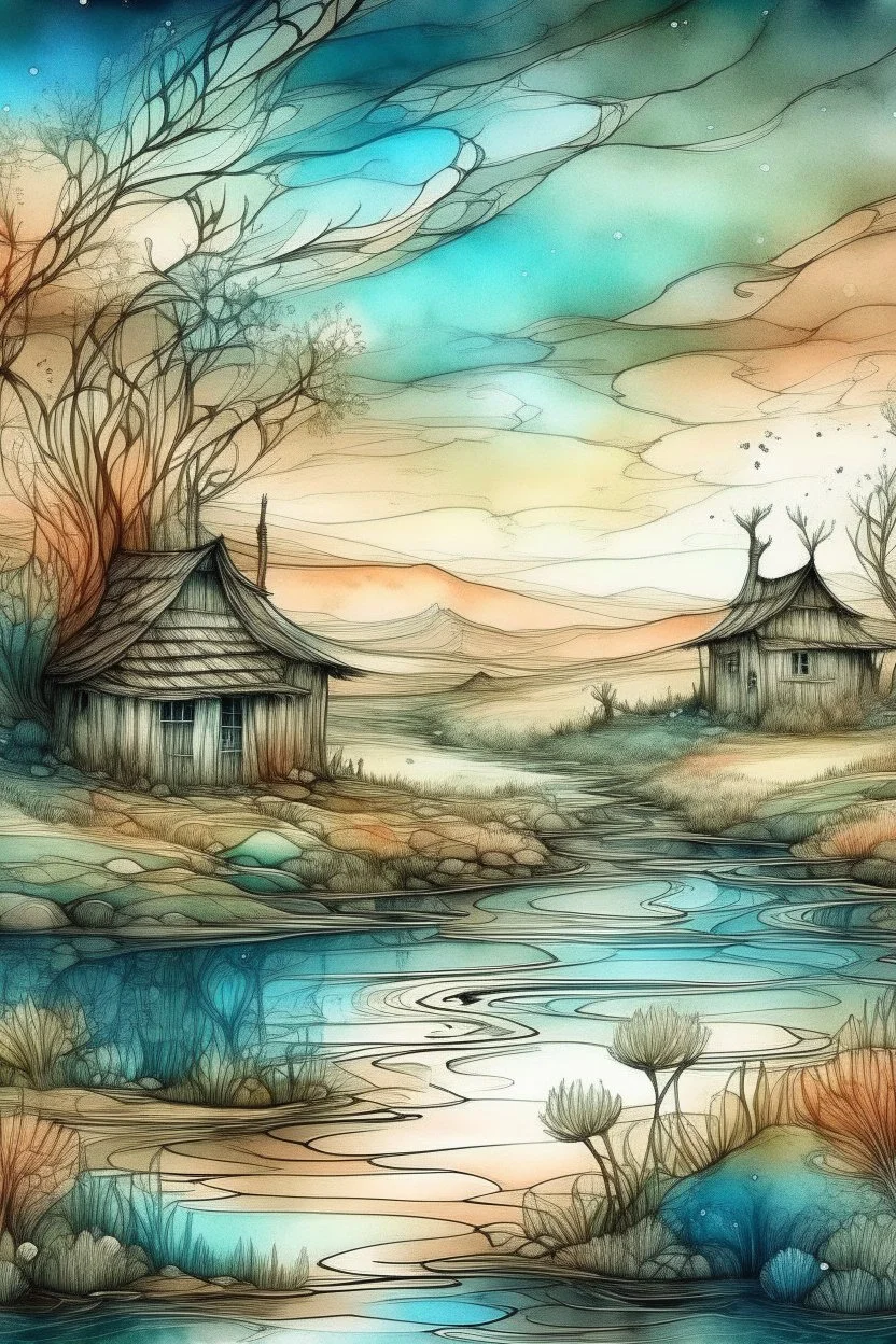 The place where the Dream and its followers live. Watercolor, fine drawing, beautiful landscape, pixel graphics, lots of details, pastel aqua colors, delicate sensuality, realistic, high quality, work of art, hyperdetalization, professional, filigree, hazy haze, hyperrealism, professional, transparent, delicate pastel tones, back lighting, contrast, fantastic, nature+space, Milky Way, fabulous, unreal, translucent, glowing