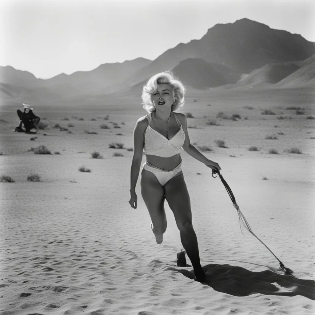 Fritz Lang, expensive horror movie scene, Marilyn Monroe in_undies, attacked by a cowboy with a whip, in the desert