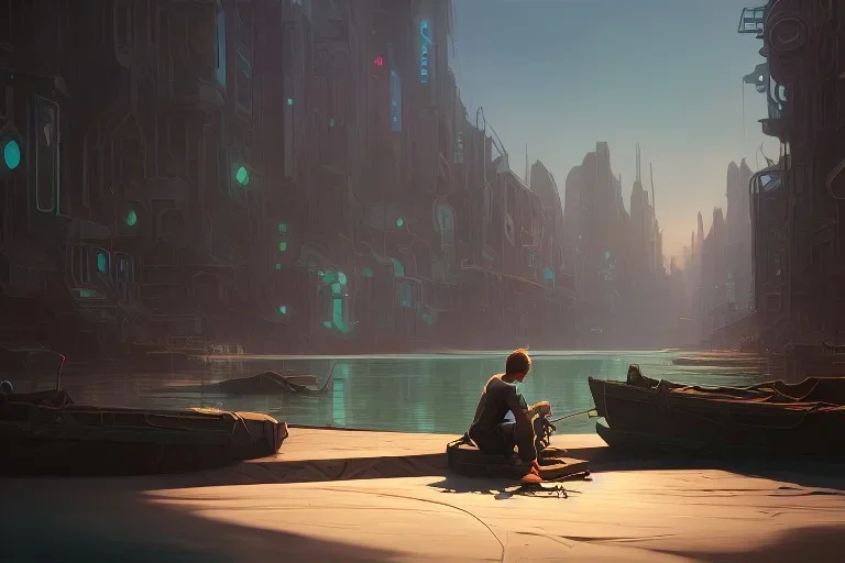 An extremely detailed, exquisite painting of boy sitting fishing surrounded cyberpunk dessert