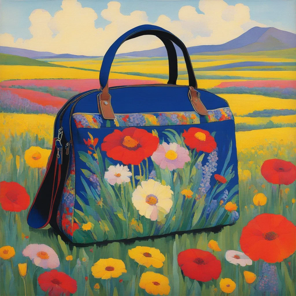 [art by kupka] The Concertina Travel Bag, a mix of a cantina and a musical instrument, in one piece. Folding instructions and design included. Shown in the field of flowers