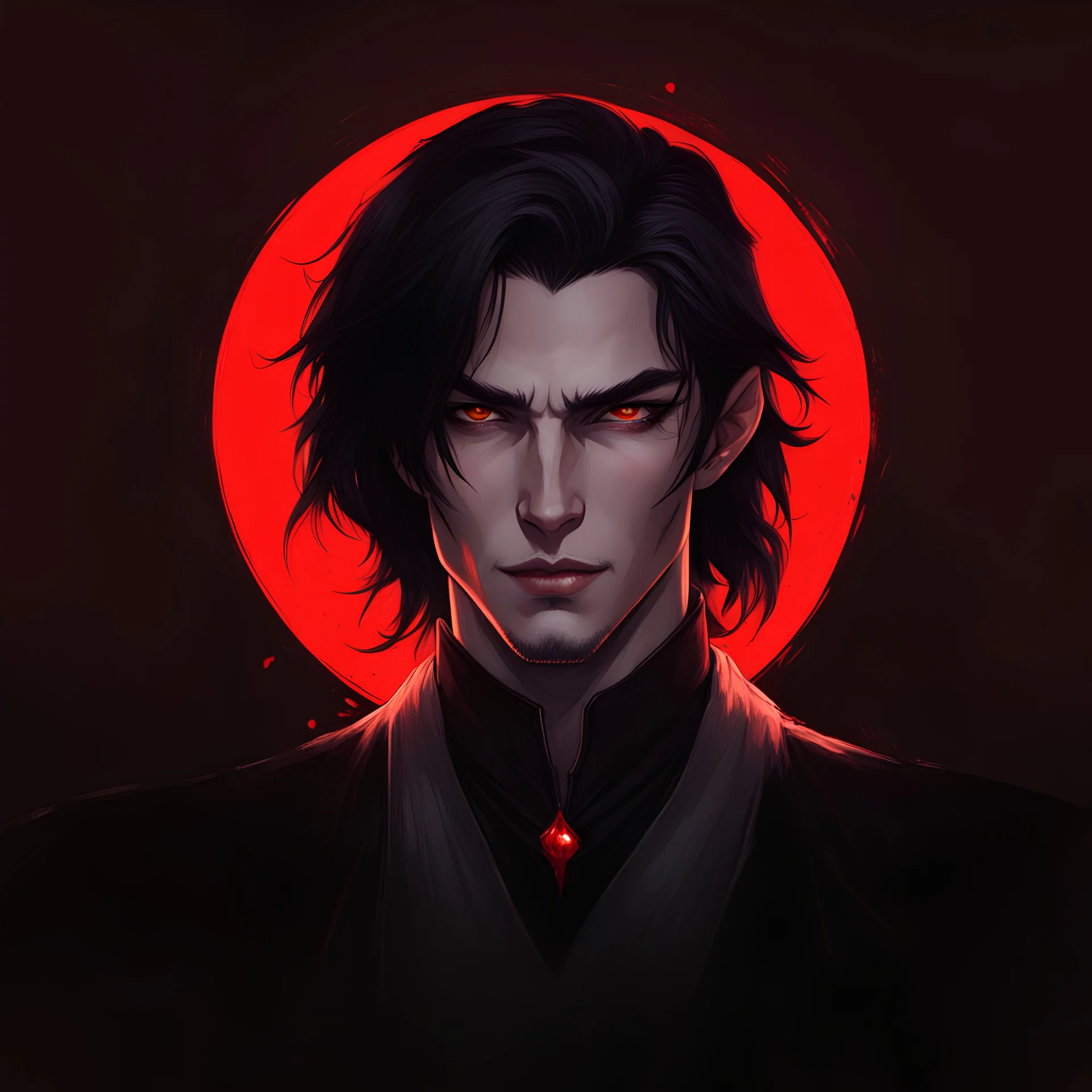 male, 2d, portrait, blood, Charlie Bowater, smirk, cinematic illustration, charismatic face, Black Haired, Elf, vampire, vampire eyes, medieval shirt, poster, blood, red eyes,
