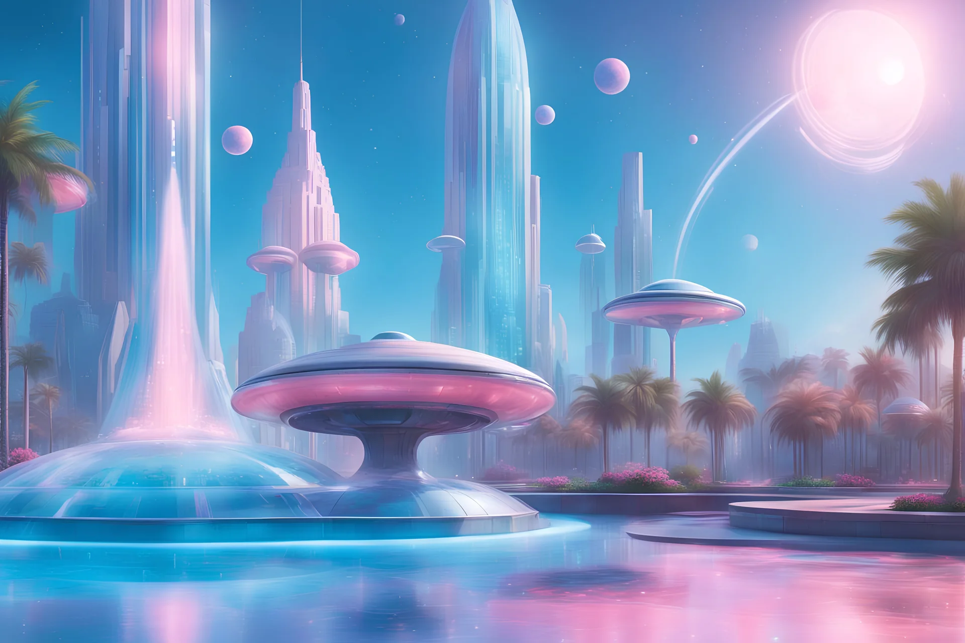 a futuristic and cosmic city. The Ufo looks like a flying saucer, The building are light and pastel blue and pink colored made with cristal, sweet shapes, domes. The building are small There are green palm trees and fountains, and pink flowers in the foreground