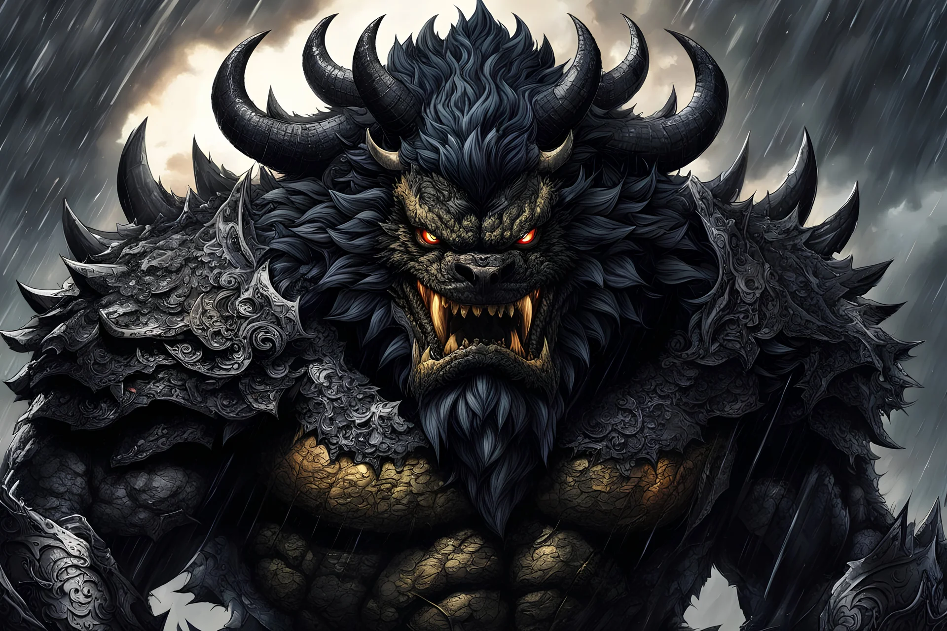 Bowser mixed with zodd from berserk in 8k solo leveling shadow artstyle, machine them, close picture, rain, intricate details, highly detailed, high details, detailed portrait, masterpiece,ultra detailed, ultra quality