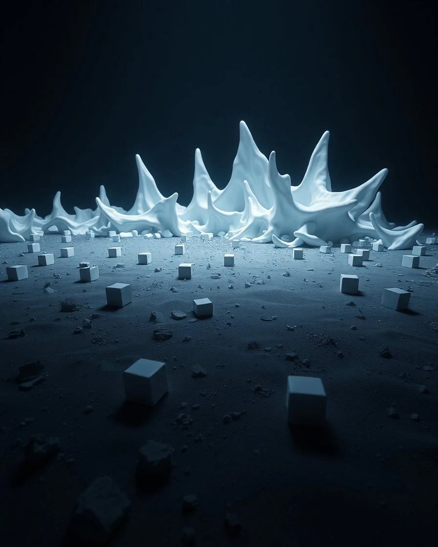 A photo of a dark, closed environment in a dark open space. There are white cubes scattered around the area. The surface below is sandy, with small accumulations of rocks. In the background, very sharp forms or structures are visible, some of which are white and blue and organic in appearance. The image has a glossy finish. The aspect ratio is 85:128 and the exposure value is 6.