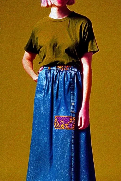 year 1996 denim fashion. Loose skirt, low waist. Combat t-shirt. Colors: denim blue, blue, purple, cream, khaki, light green, lilac, plum, orange, terracotta, red, light yellow, pink, dark blue, beige. Latex in small part. Something between Sturnus vulgaris pattern and lynx lynx prints.. bridget jones and jennifer lopez. Hoodie.