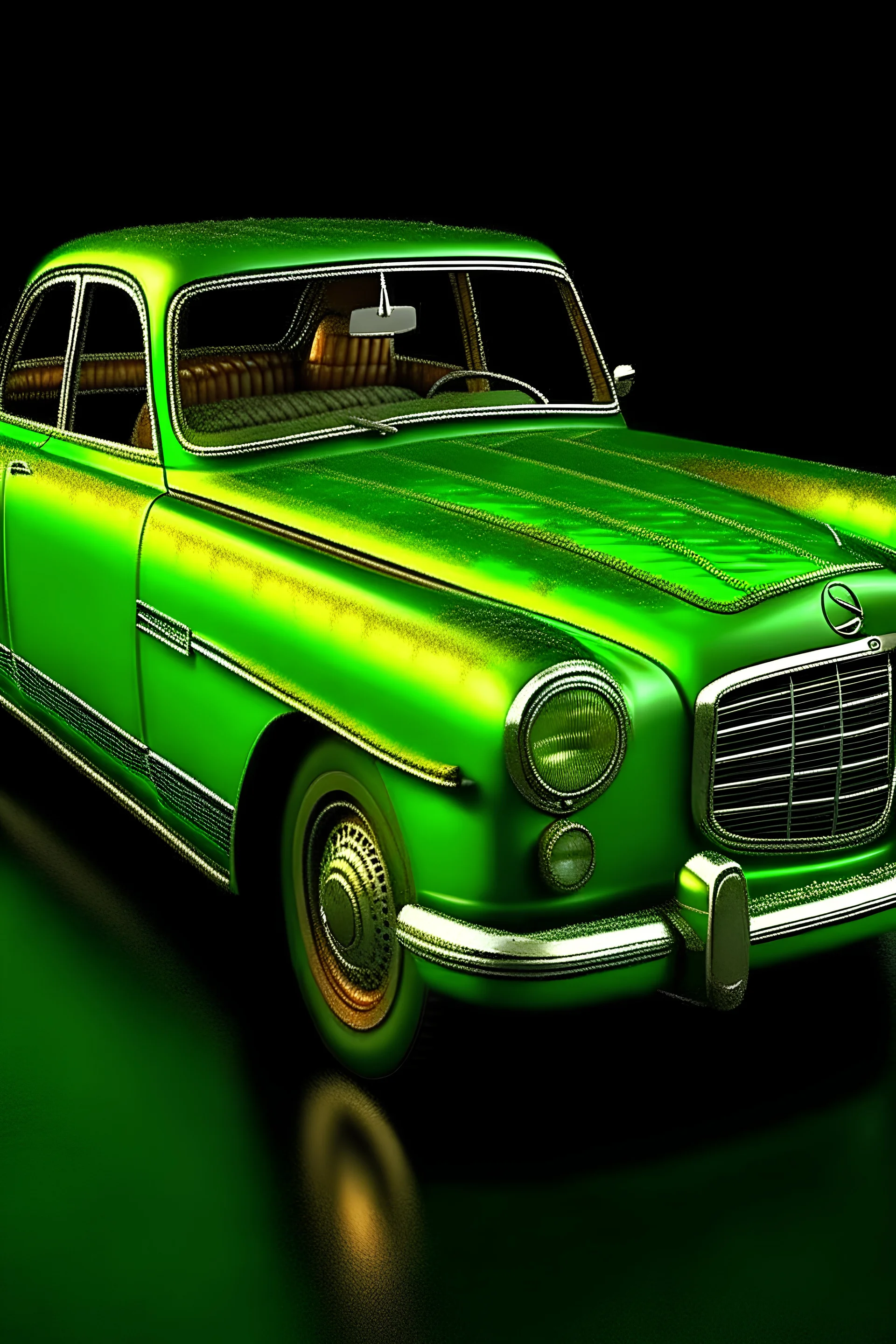 car mercedes benz, green model, ultra realastic , steampunk, high quality