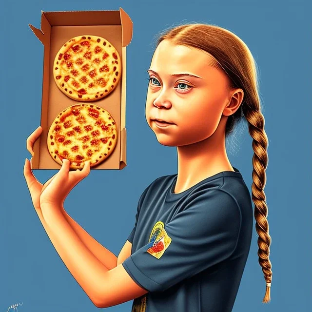 portrait of Greta Thunberg holding an empty pizza box