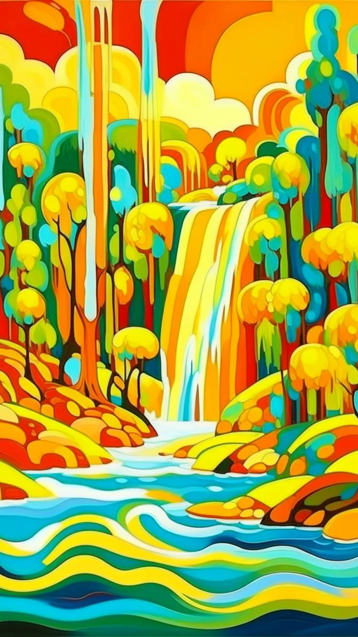 Yellowish orange colored mangroves with a waterfall painted by Wassily Kandinsky