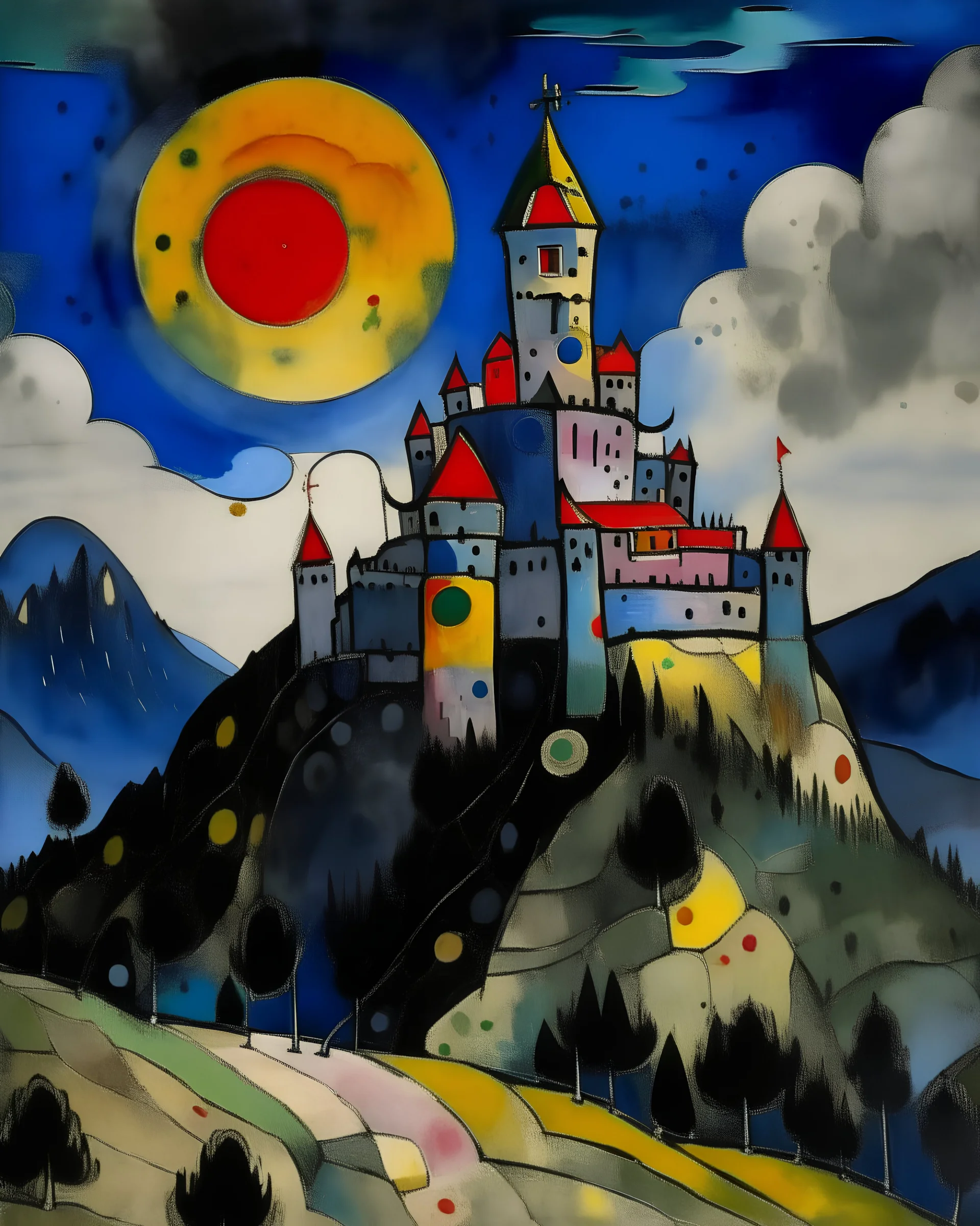 A castle on a mountain covered in shadows painted by Wassily Kandinsky