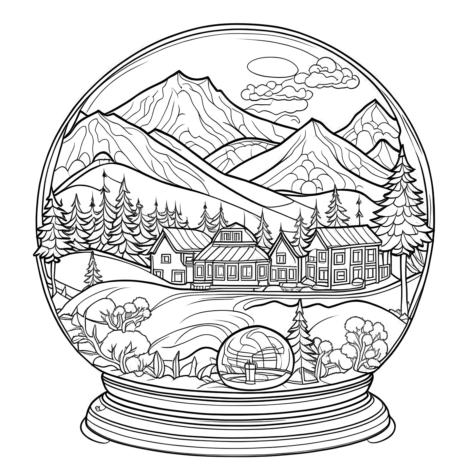 outline art for square winter landscape Christmas Festive Snow Globe coloring page for kids, classic manga style, anime style, realistic modern cartoon style, white background, sketch style, only use outline, clean line art, no shadows, clear and well outlined