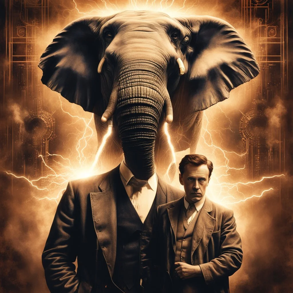 Movie poster double exposure image of portrait of sadly pensive Nikoli Tesla and an elephant hooked up to large tesla coils by Drew Struzan, Heartbreaking Work of Staggering Genius, dramatic, cinematic, movie poster composition, hyperrealistic, nostalgic sepia tones.