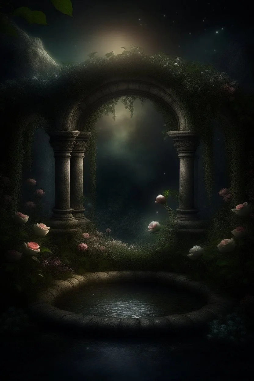 magical overgrown secret garden, roses, ivy, fountain, twilight, moon, stars dark tones, warm tones