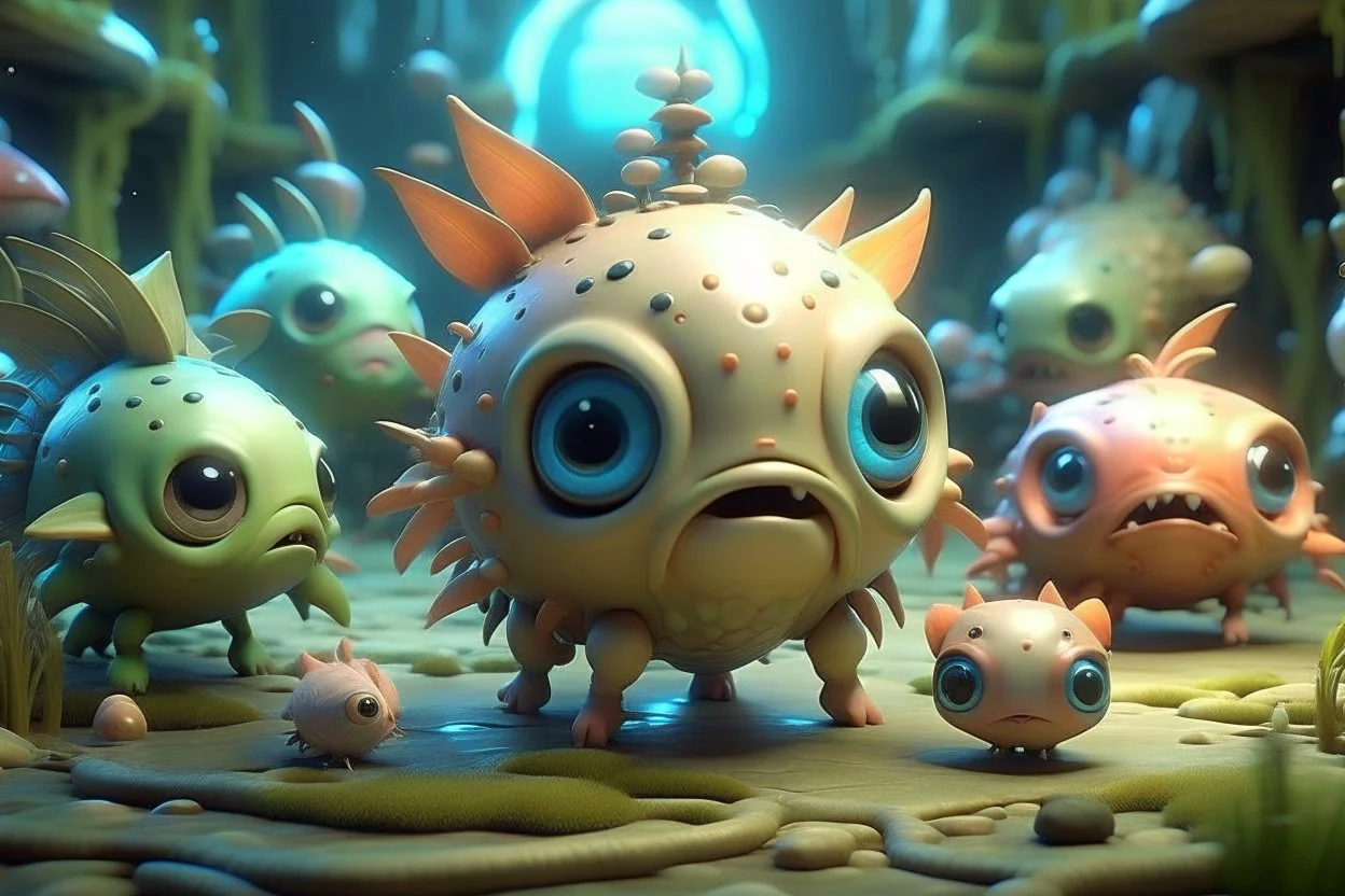 Cute Number of baits,What if feature allowed you to capture virtual creatures and train them for specific tasks? could strategically deploy creatures in challenges to gain advantages, creating unique ecosystem where the captured creatures can evolve and specialize over time, unreal engine, cozy indoor lighting, artstation, high detailed, digital painting, cinematic, character design by mark ryden and pixar and hayao miyazaki, unreal 5, daz, hyperrealistic, octane render