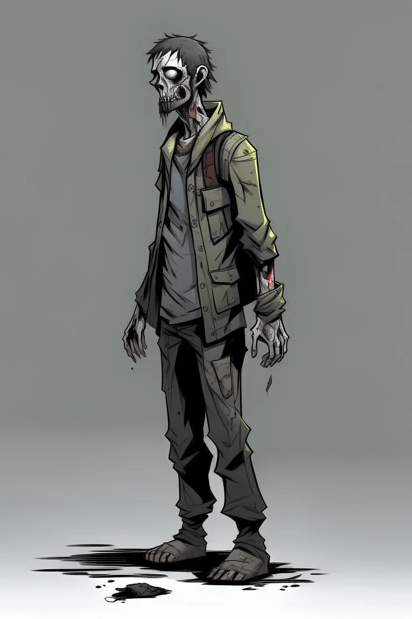 zombie, full body, profile ,comic book, post-apocalypse, gray background,