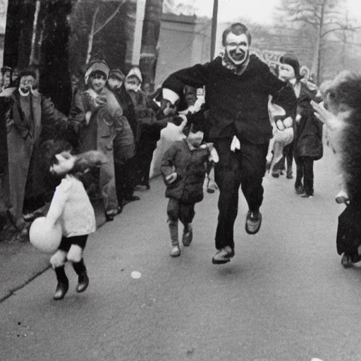 Creepy old photo of rainbow zippy monster chasing children at new year