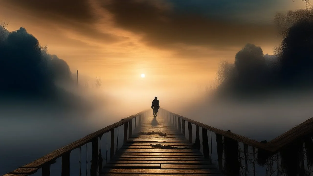 walking straight ahead over a wooden bridge, holding the angel of death with your right hand, entering the fog at the end of the road that leads to the afterlife, a stream from the mountains flows from the right and left, and a beautiful sunset and galaxy's behind the fog, realistic