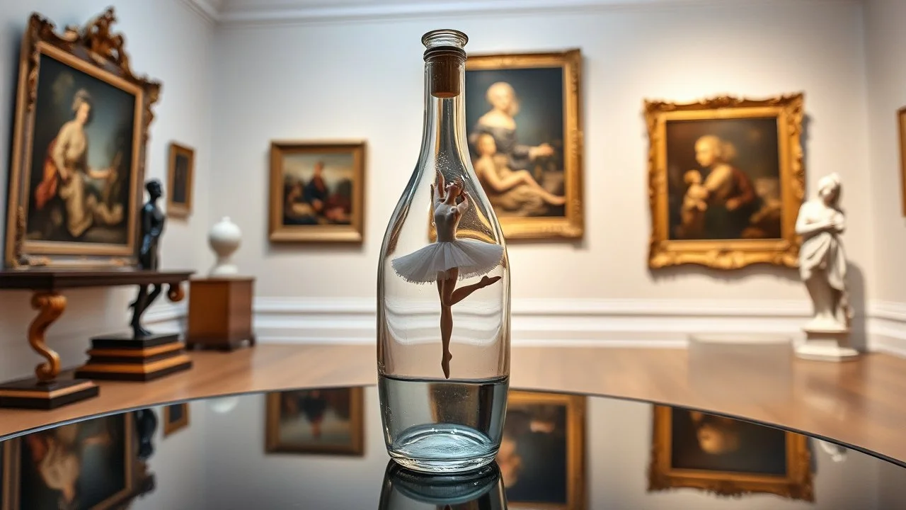 a pretty glass wine jar with beautiful minature glass shapes on out side and some glass hlalf sphere on it with a lady ballerina inside in pretty standing ballet pose on a table in a art gallery with famouse paintings and statues