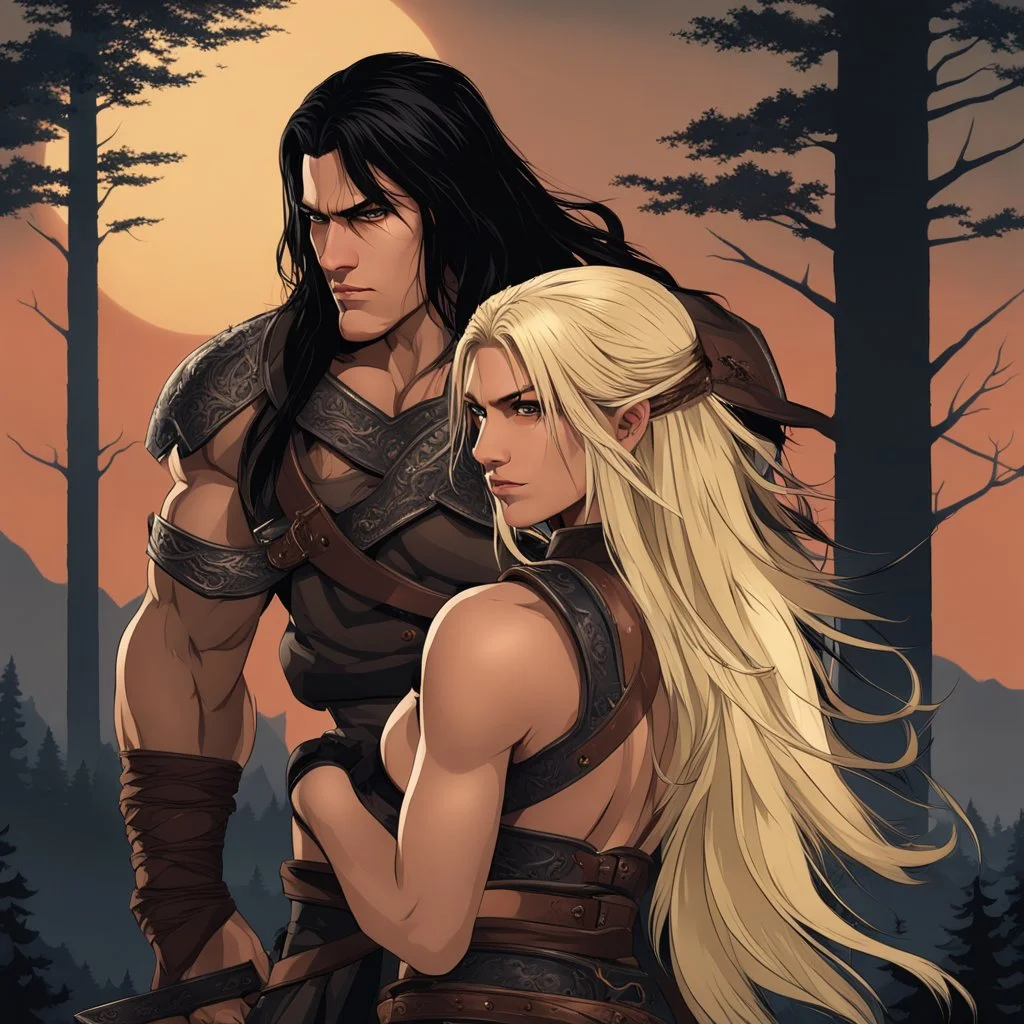 muscular male mountain man with long dark hair with a petit female long blonde hair, dark fantasy,