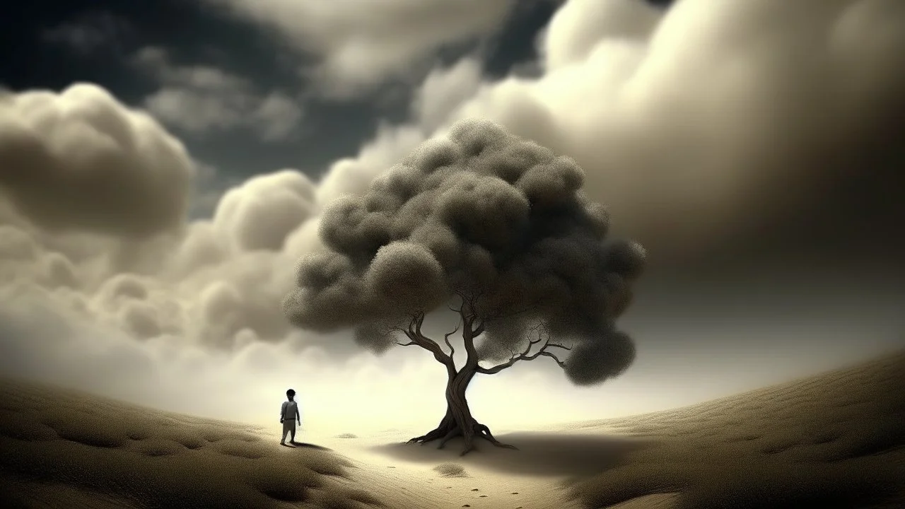 A surreal landscape with a tree made of clouds, surrounded by smaller cloud-like trees in a (desert-like environment. A lone person is walking in the foreground)