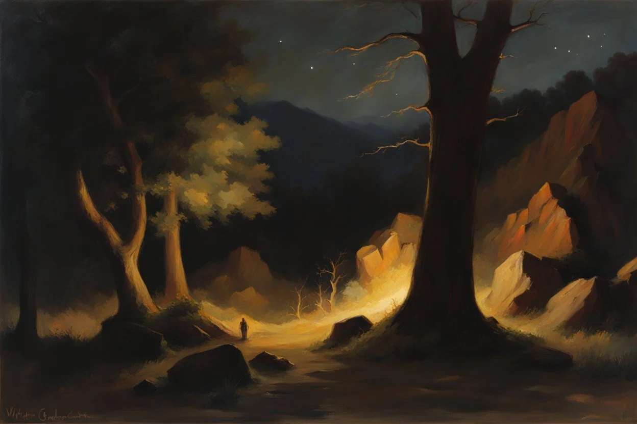 Night, trees, mountains, rocks, wilfrid de glehn and charles leickert impressionism paintings