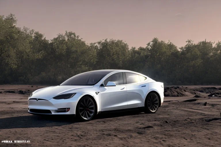 A Tesla 'Model S' is parked, at the lunar landing site of the 'Apollo 11'. (CINEMATIC, WIDE ANGLE LENS, PHOTO REAL)