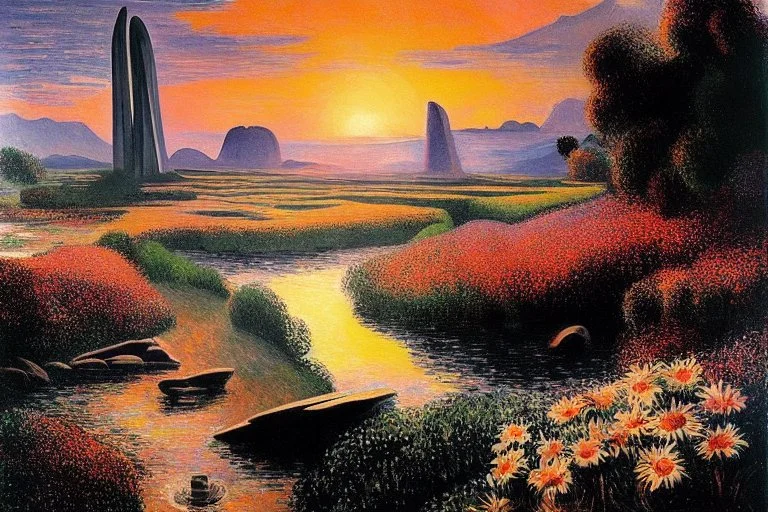 Beautiful epic sunset, logan's run 1976 movie influence, cosmic, people, rocks, holiday influence, river, flowers, very epic and philosophic, camille pissarro impressionism paintings