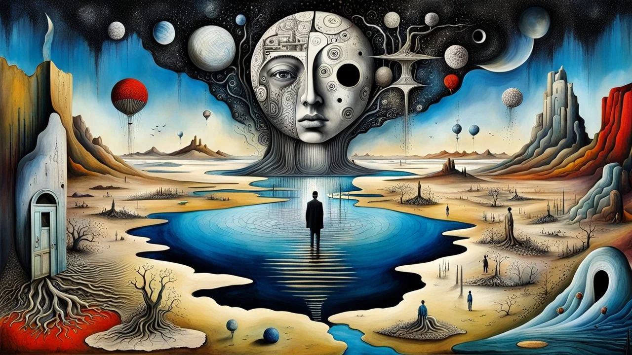inner world with dynamics of the uncontrolled mind and soul, in center big portrait on little floating island in the cold deep Sahara, around surreal cracked painted weird land, some doors. Whimsical style of Chagall , dark vision of Minjae Lee and René Magritte, lonely face with absurd beauty. broken, weird bizarre deep absurd nightmare, labirynth, surreal vibe