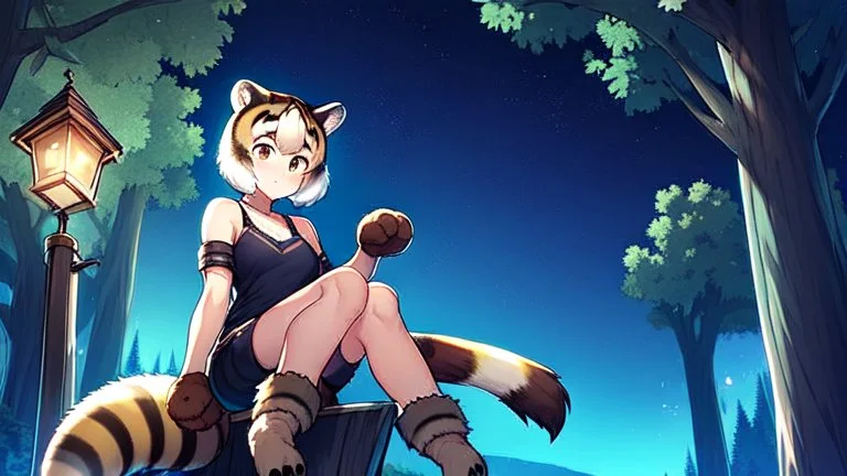 Two Girl, raccoon tail, raccoon ears, sit on tree, night time, forest, raccoon paws in foot,