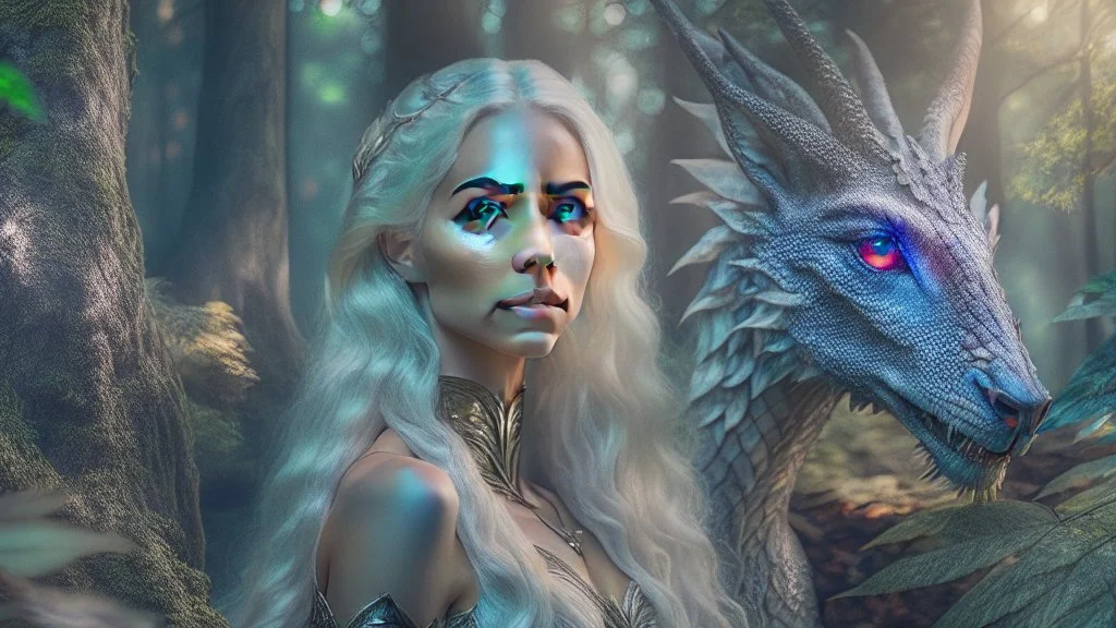 whole body image of beautiful Daenerys Targaryen in a mystical enchanted forest standing next to a dragon, HD 8K, sharp detail, hyperrealistic photo accurate face and features, cinematic lighting