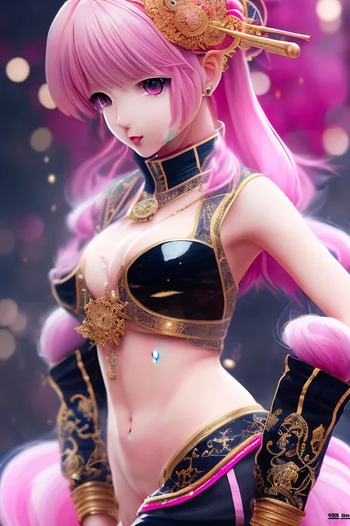 Detailed cute anime Kunoichi girl, pink hair buns, pink bangs, black latex bodysuit, intricate details, full body portrait, keep head in frame, slight smile, black Japanese motif, concept art, highly detailed, digital painting, concept art, sharp focus, illustration, art by Yoji Shinkawa, WLOP and greg rutkowski and alphonse mucha and artgerm and yanjun Chen and Junji ito and Makoto Shinkai, HDR, octane render