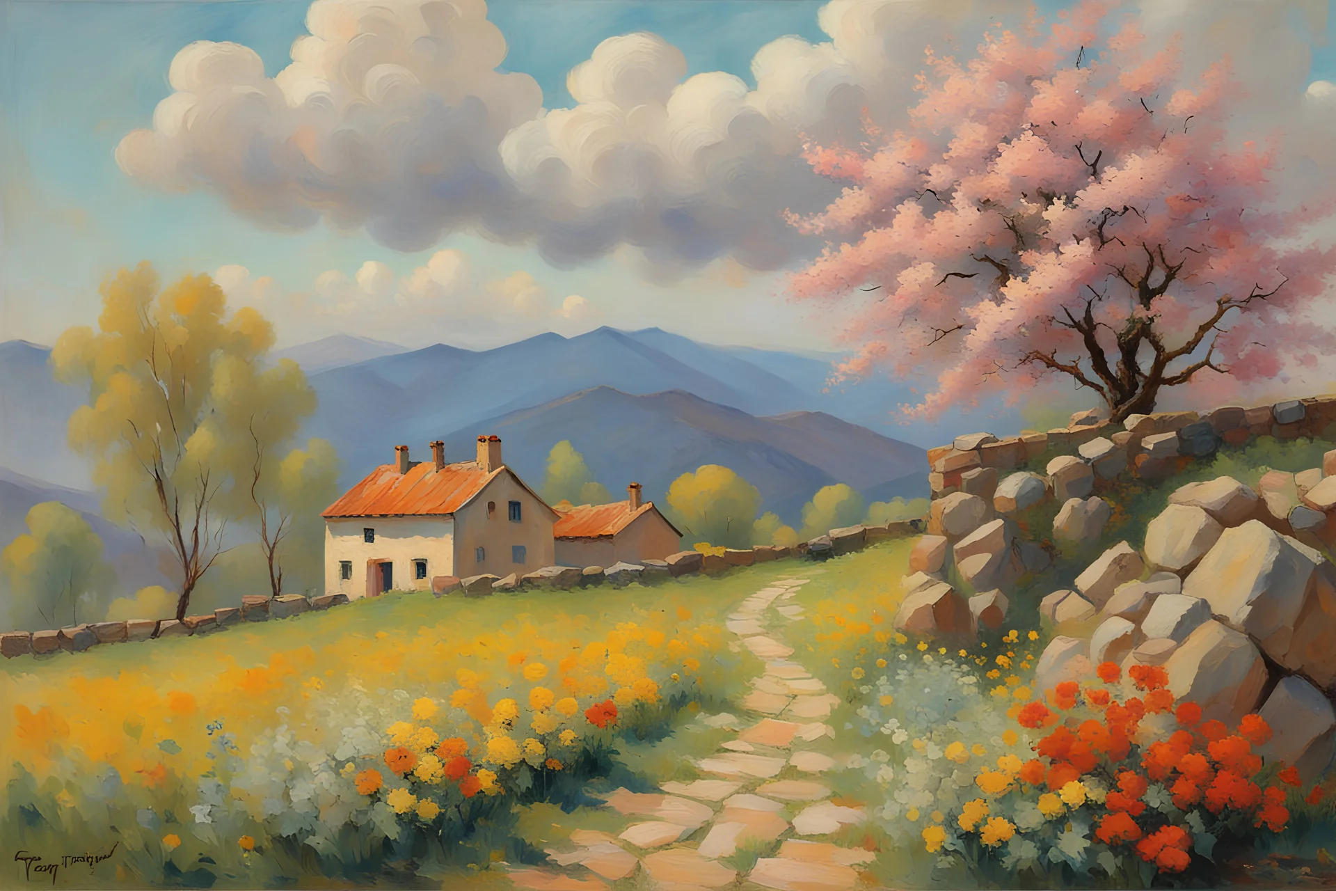 sunny day, clouds, epic mountains, stone wall, flowers, spring trees, spring influence, rocks, distant house, very epic, fernand toussaint, otto pippel, and henry luyten impressionism paintings